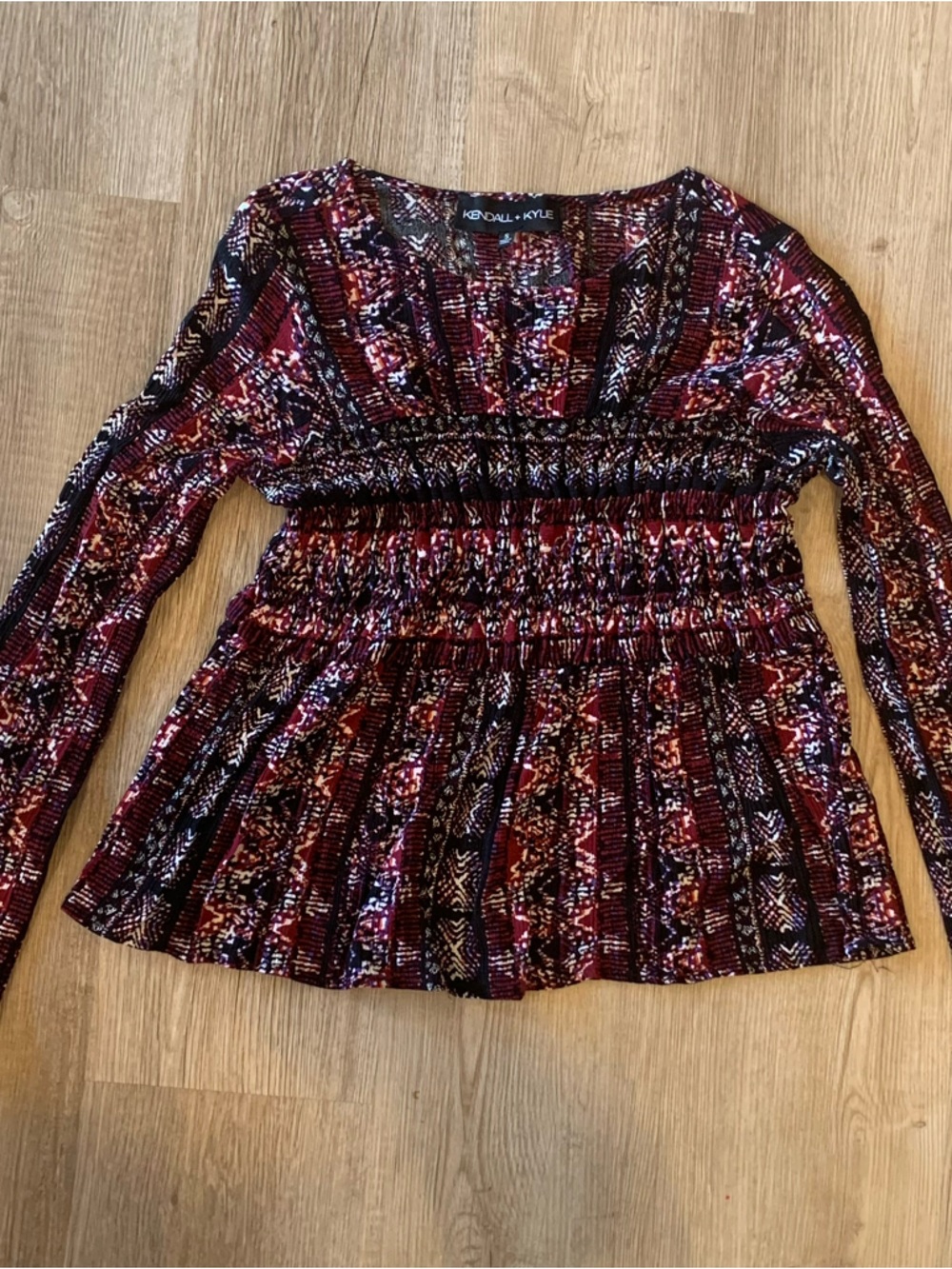 Kendall & Kylie Burgundy Multicolor Smocked-Waist Long Sleeve Top